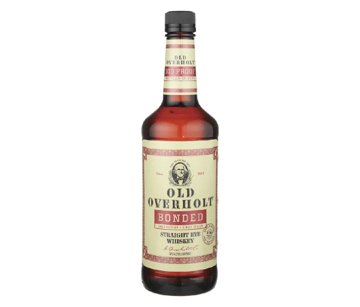 A bottle of Old Overholt Bonded whiskey