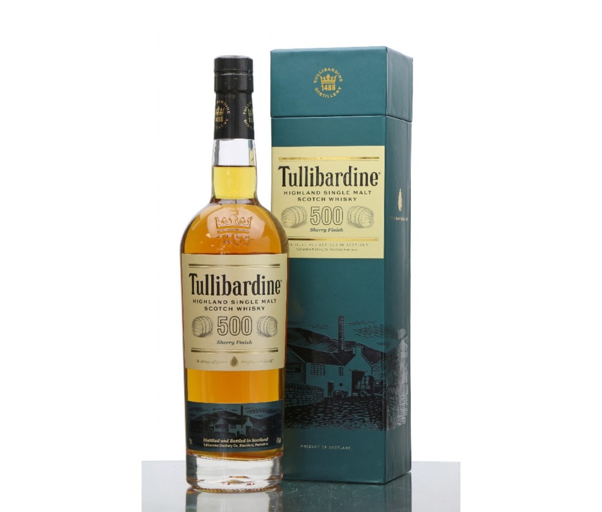 A bottle of Tullibardine 500 Sherry Finish whisky.