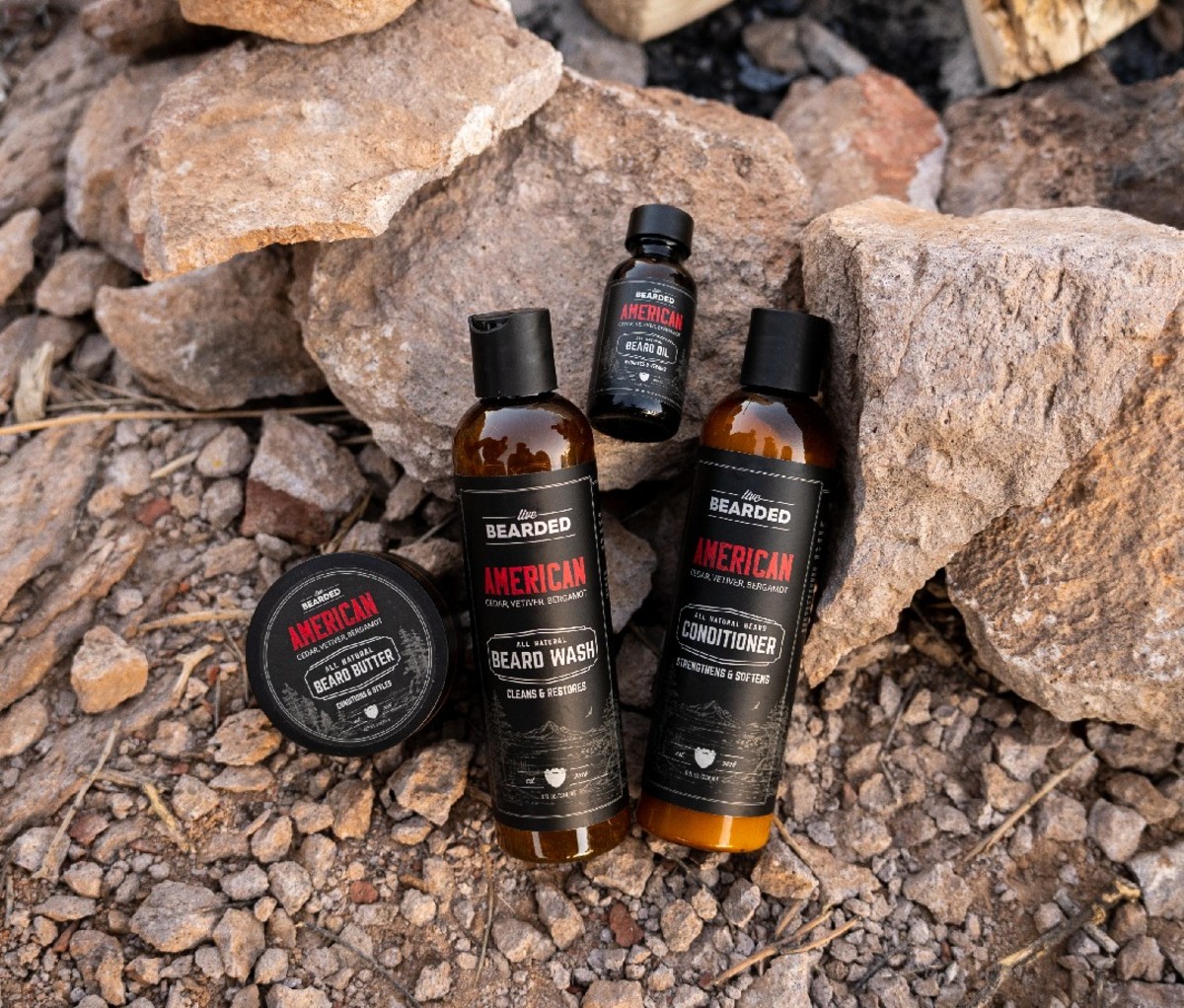 Grooming products lined up on rocks