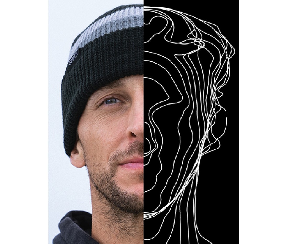 Split image. Left half of a man's face, right half a computerized diagram of his facial contours