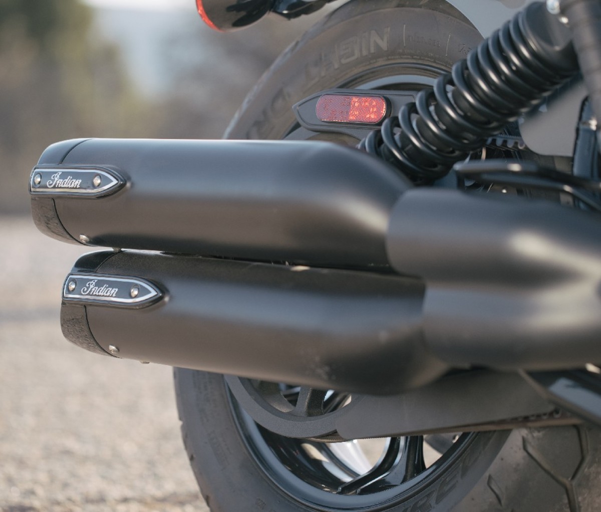 Closeup of dual tail pipes on a 2022 Indian Chief motorcycle