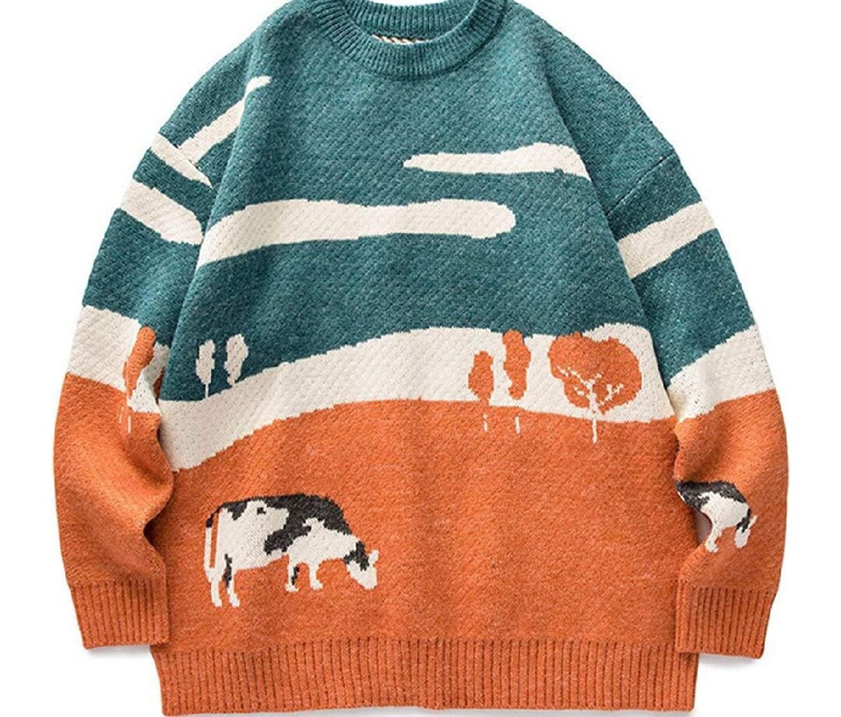 Orange and teal, pictorial Vamtac Men’s Grassland Cow Vintage Oversize Knitted Sweater