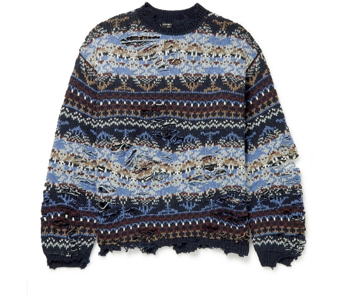 Blue and brown Balenciaga Distressed oversized wool-blend sweater