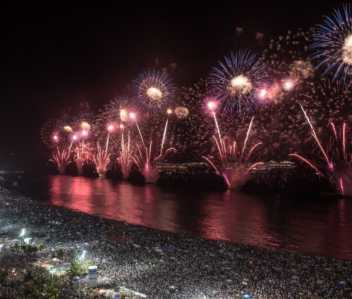 New Year's Eve fireworks over Copacabana Beach in Rio de Janeiro.