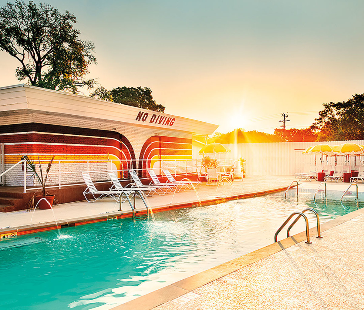 Motel pool at sunset