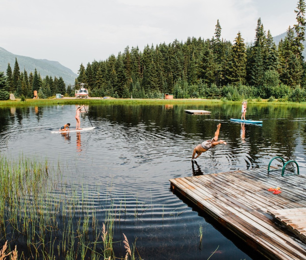 People diving off dock into lake
