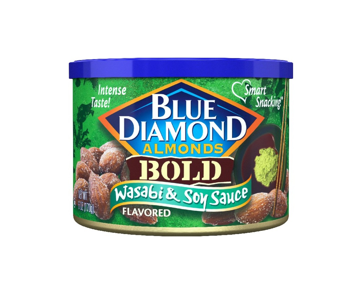 Can of Blue Diamond Wasabi & Soy Sauce flavored almonds