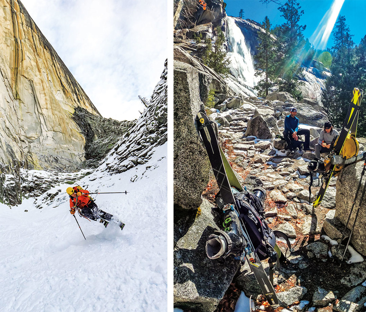Two images shown. Left image is man skiing down snow-covered granite dome. Right shows trekkers taking a break in wooded area. 