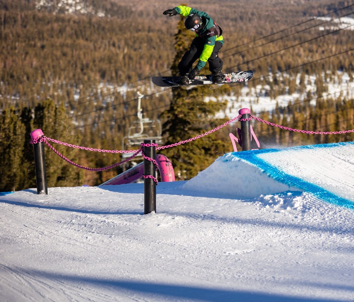 Red Gerard performs a backside 270 over the chain links during his US Grand Prix run at Mammoth