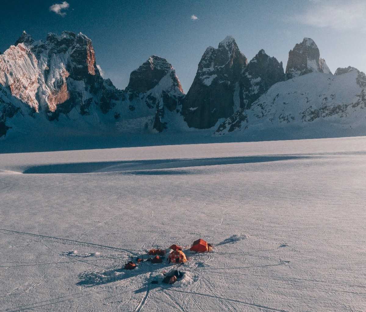 Base camp tents set up for crew during filming of La Liste in Pakistan's Karakoram range