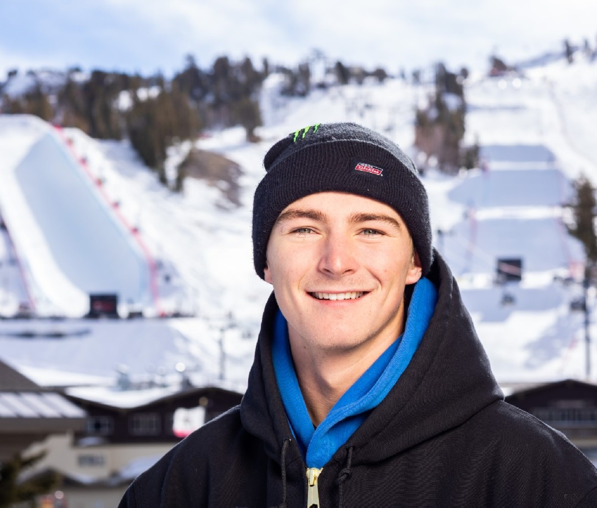 Close up of snowboarder Dusty Henricksen at the base of Mammoth Mountain