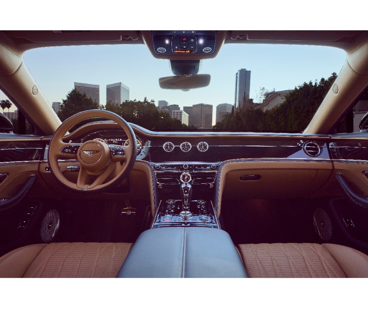 Brown leather front interior and dash of 2022 Bentley Flying Spur Hybrid