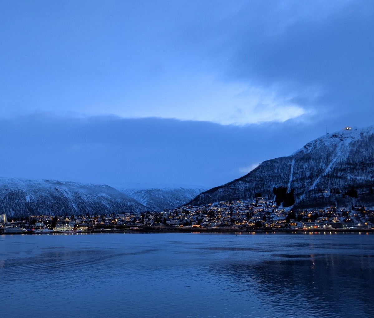Evening view of Tromsø, Norway from the water.
