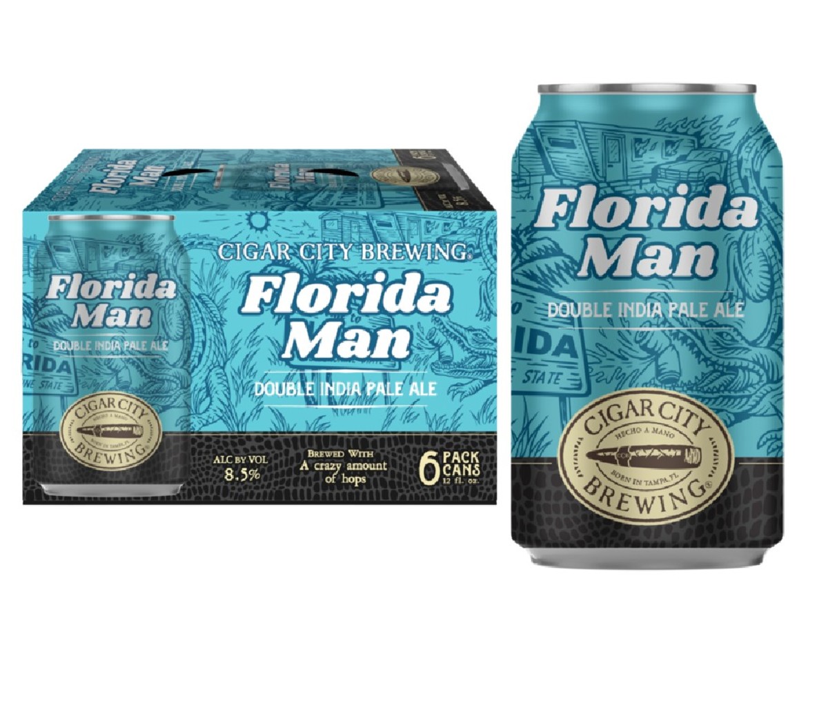 Can of Cigar City Florida Man double IPA beer next to a boxed 6 pack
