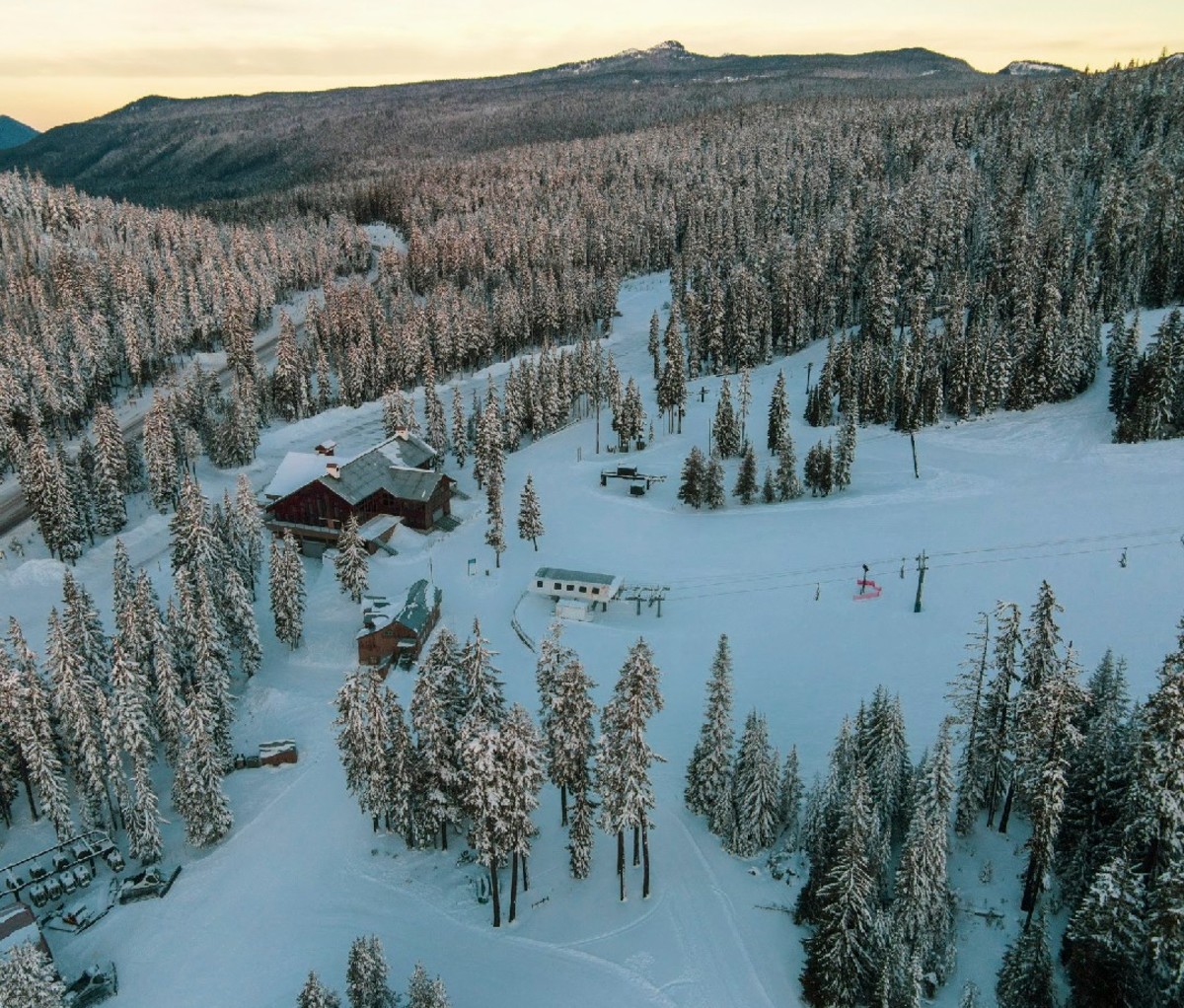 Aerial shot of lower mountain and base lodge at Willamette Pass Resort