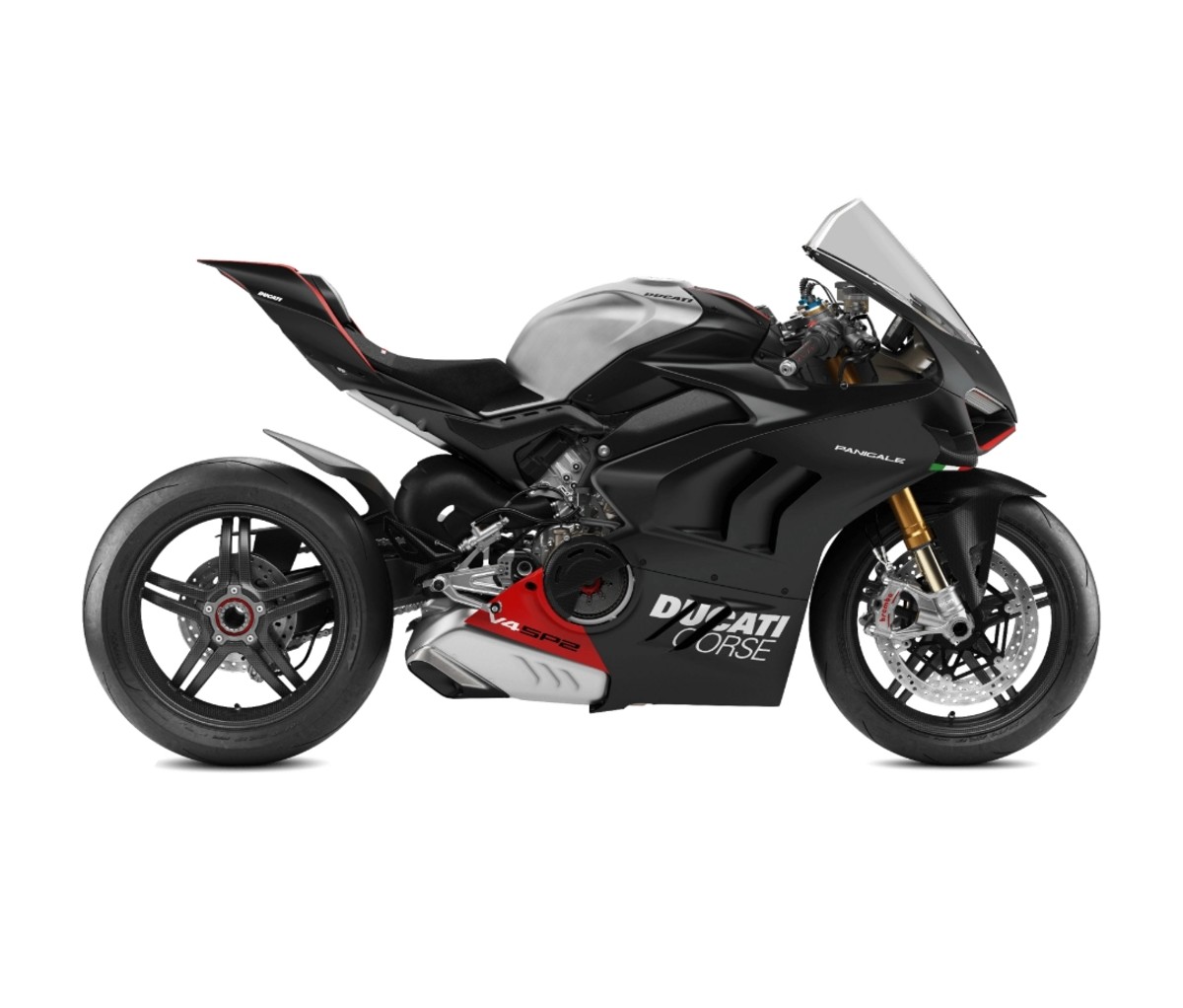 Black 2023 Ducati Panigale V4 SP2 on a white background. new motorcycles 2023