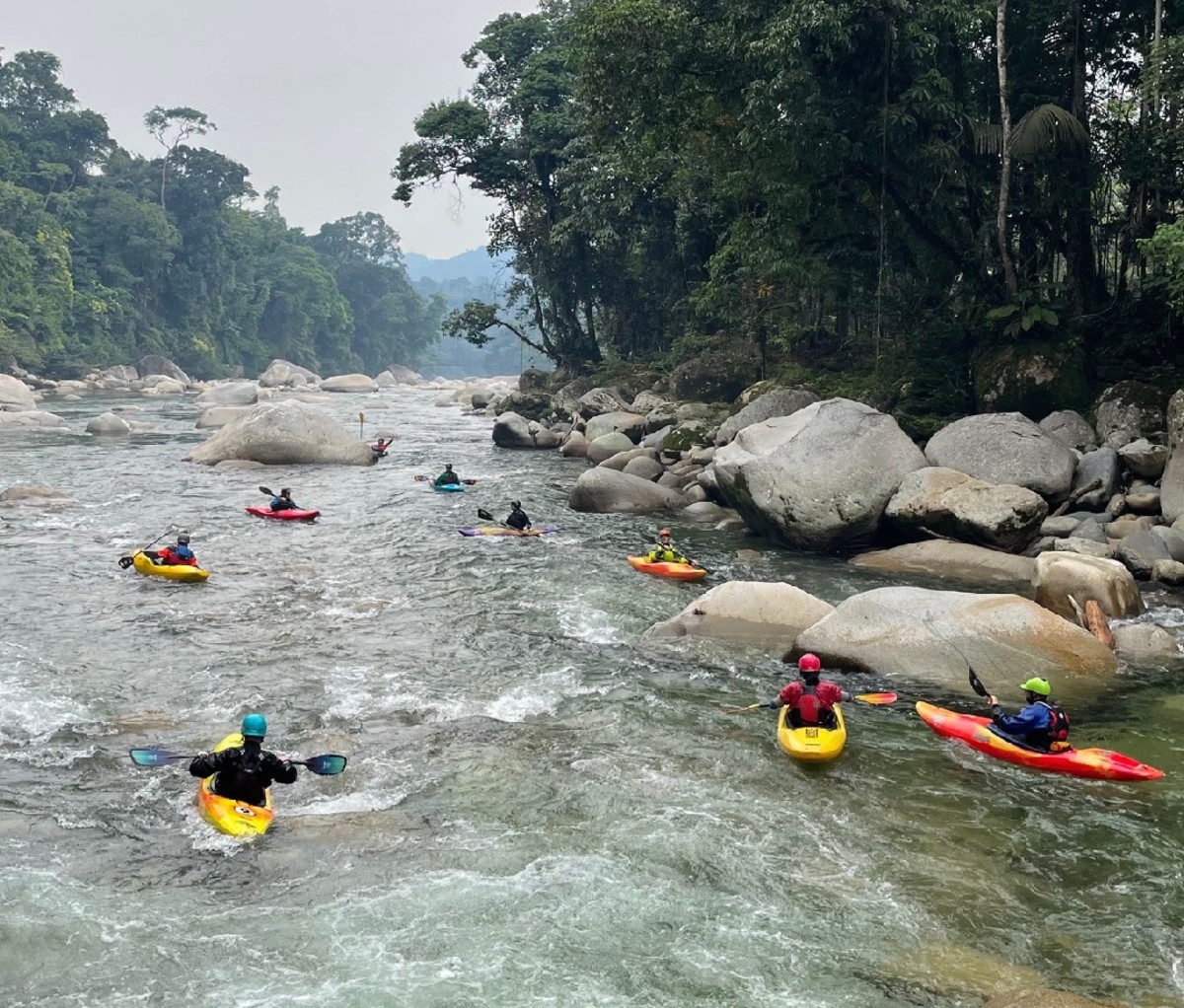 Group of kayaks paddle down a calm stretch of river in Ecuador