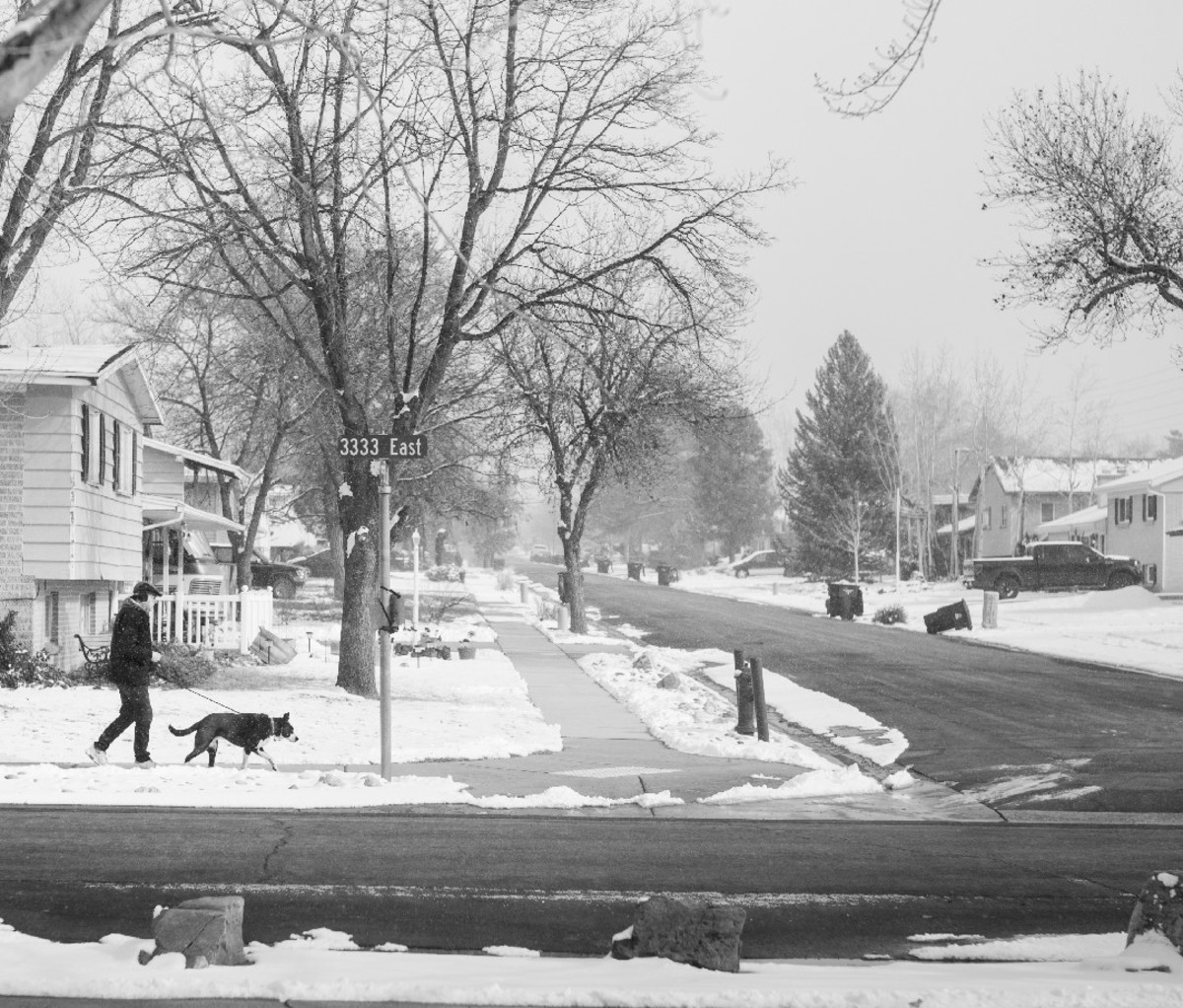 Black and white image of man walking his dog through the snow on a residential street