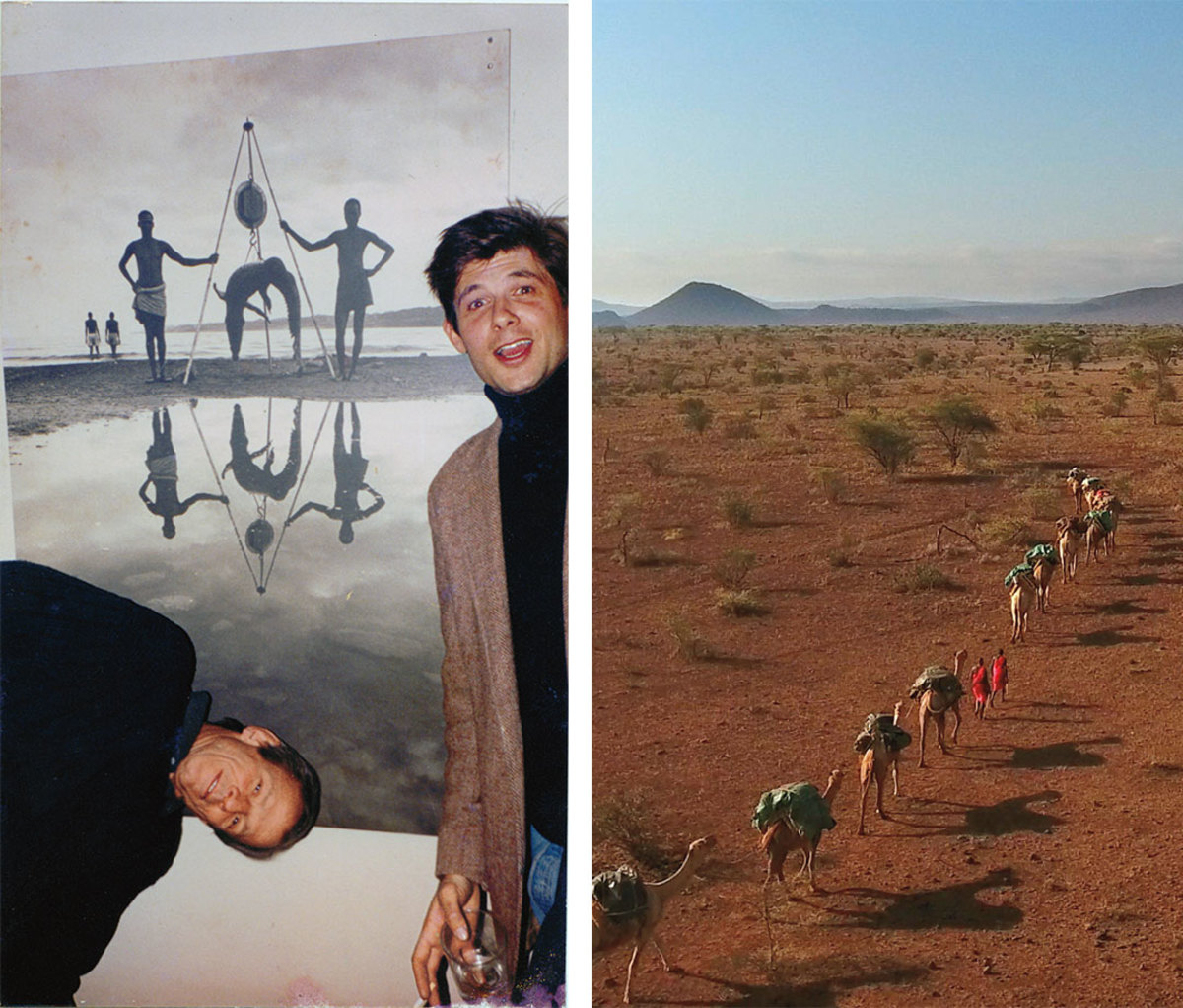 Image left is of two men posing in front of poster. Image right is of camels walking across desert