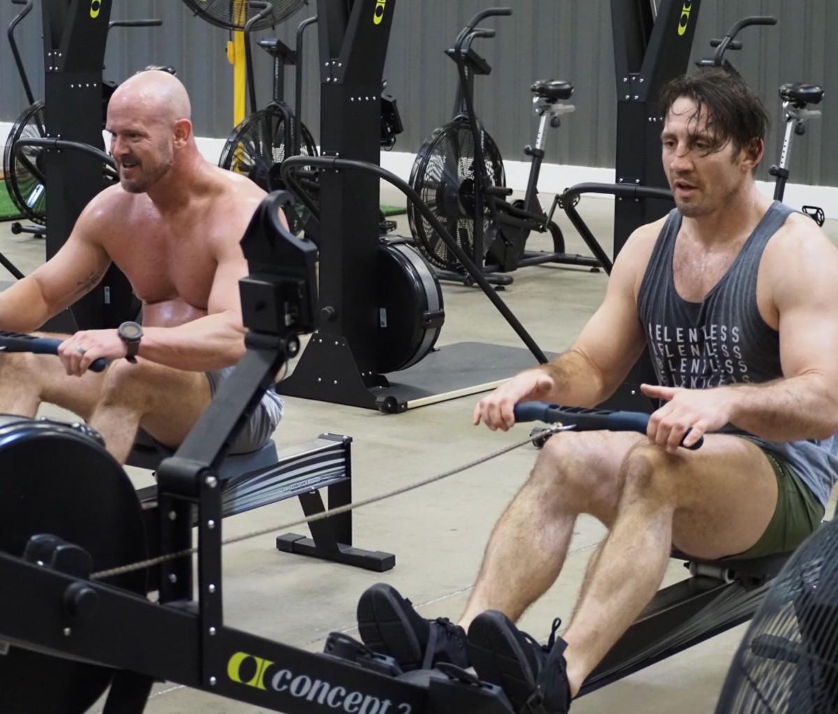 Tim Kennedy working out on a rowing machine