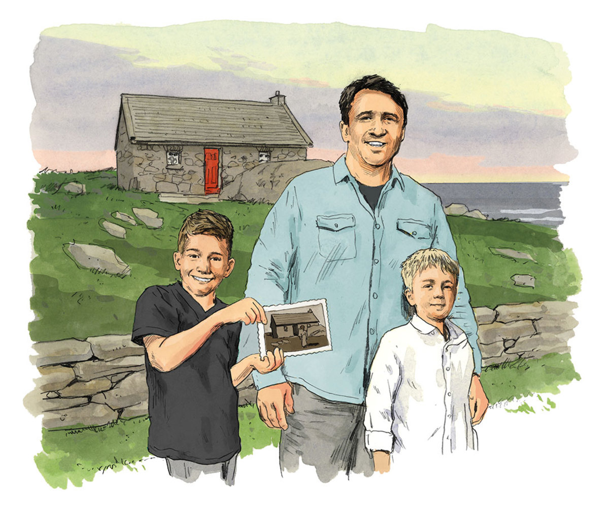 Illustration of man and two young boys standing in front of house