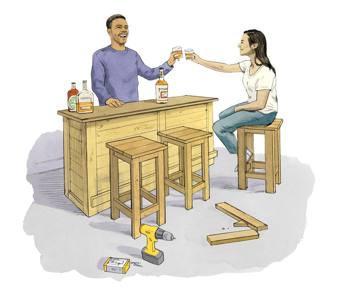 Illustration of two people at homemade bar