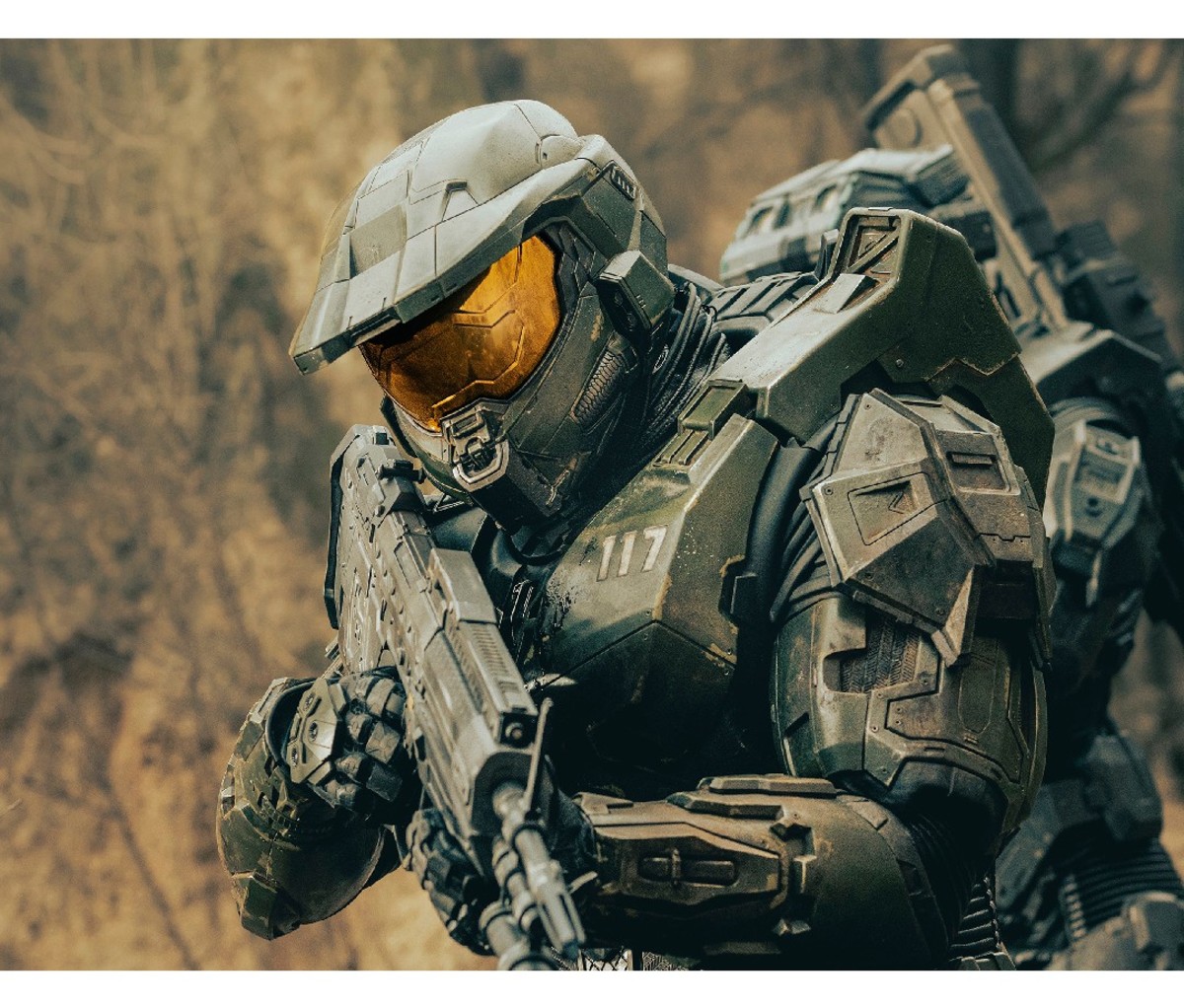Closeup of Halo actor Pablo Schreiber armored up as Master Chief