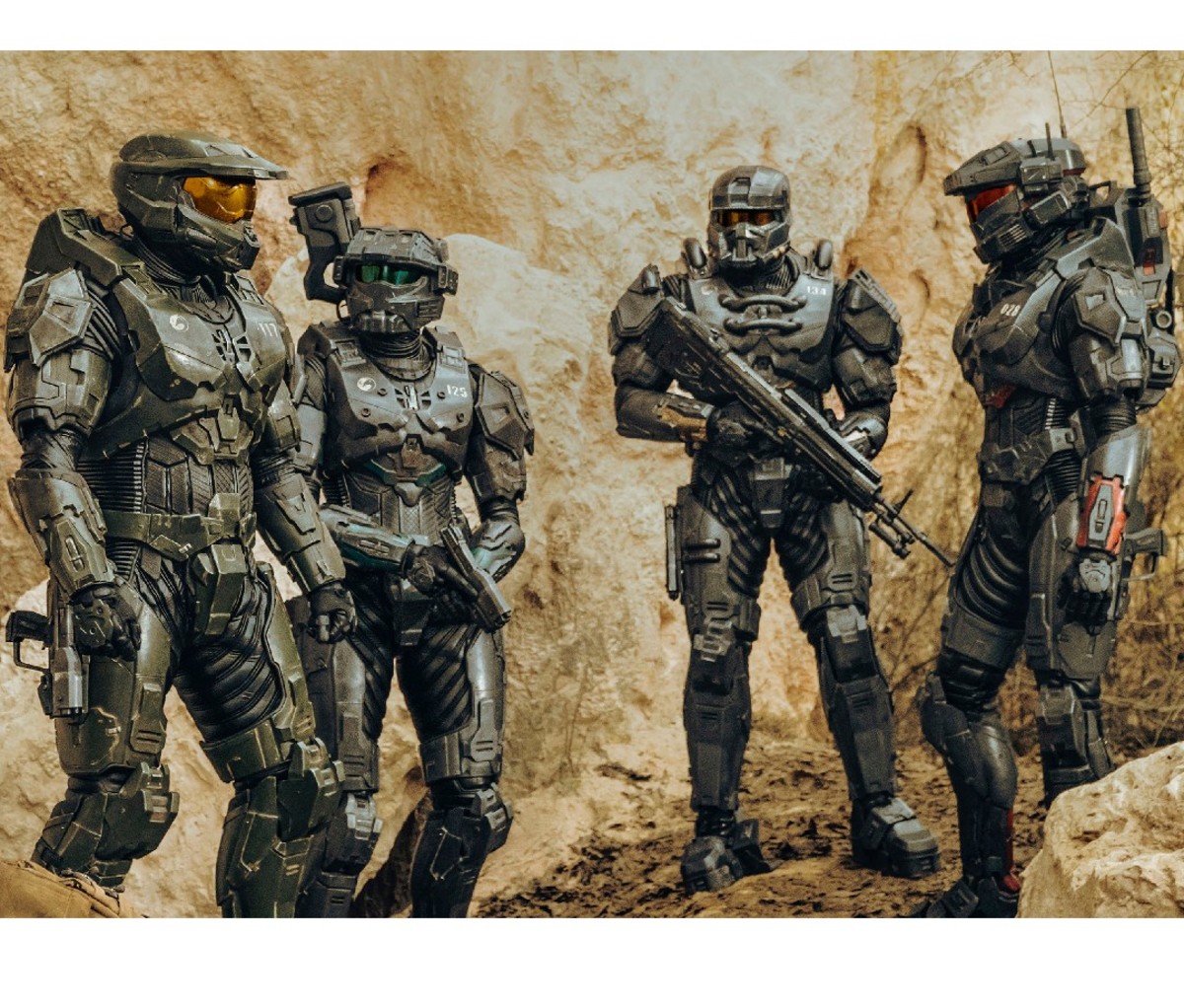 Group shot of Halo team in armor, led by Pablo Schreiber's Master Chief