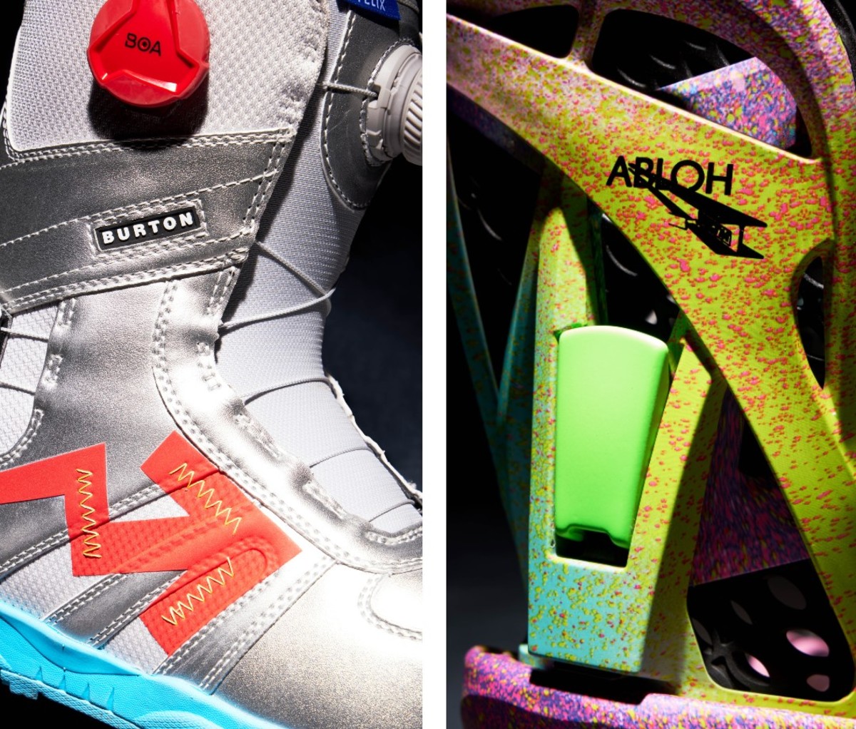 Close-up shots of snowboard boot and binding