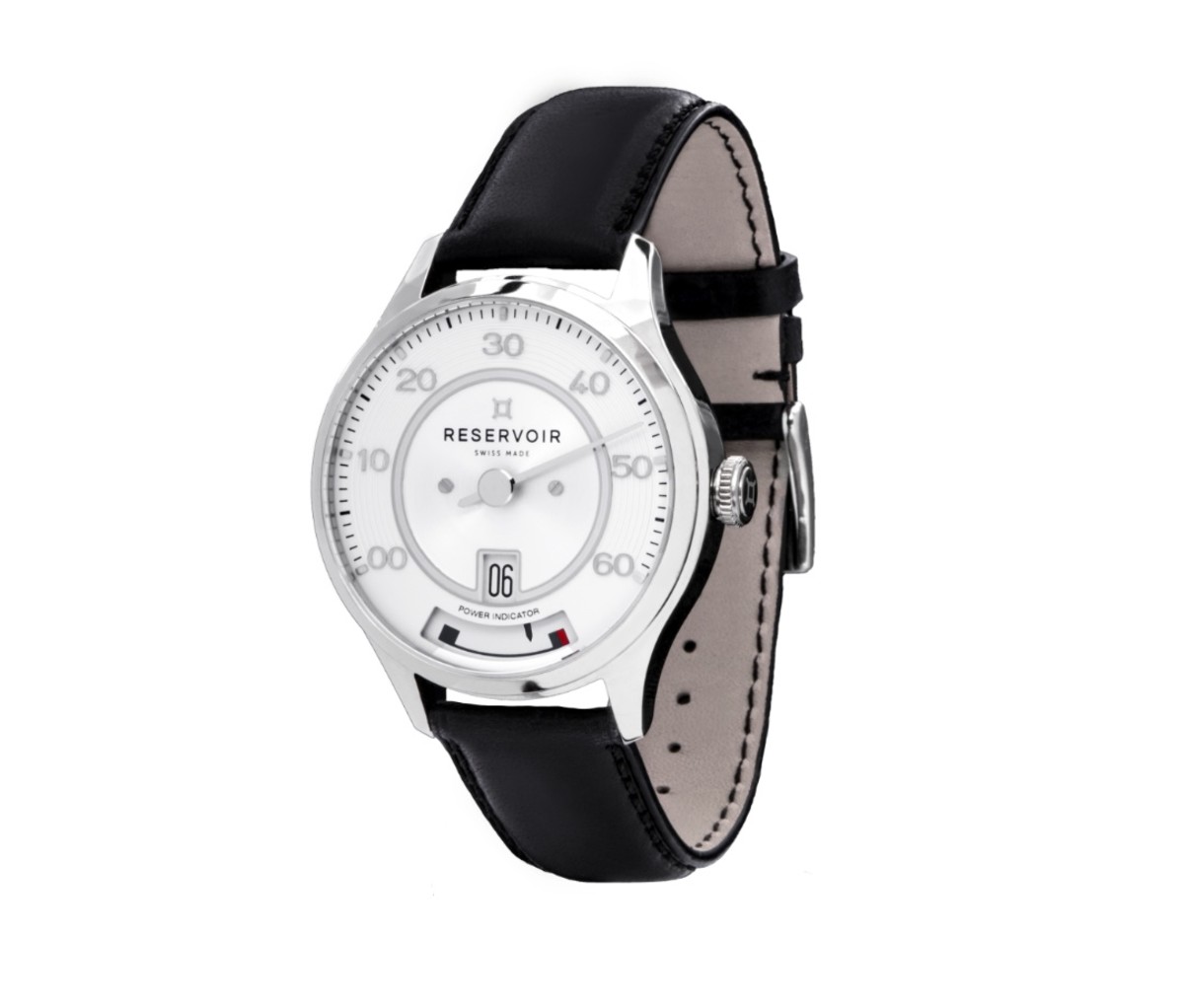 Reservoir kanister watch with a white dail and a black leather strap