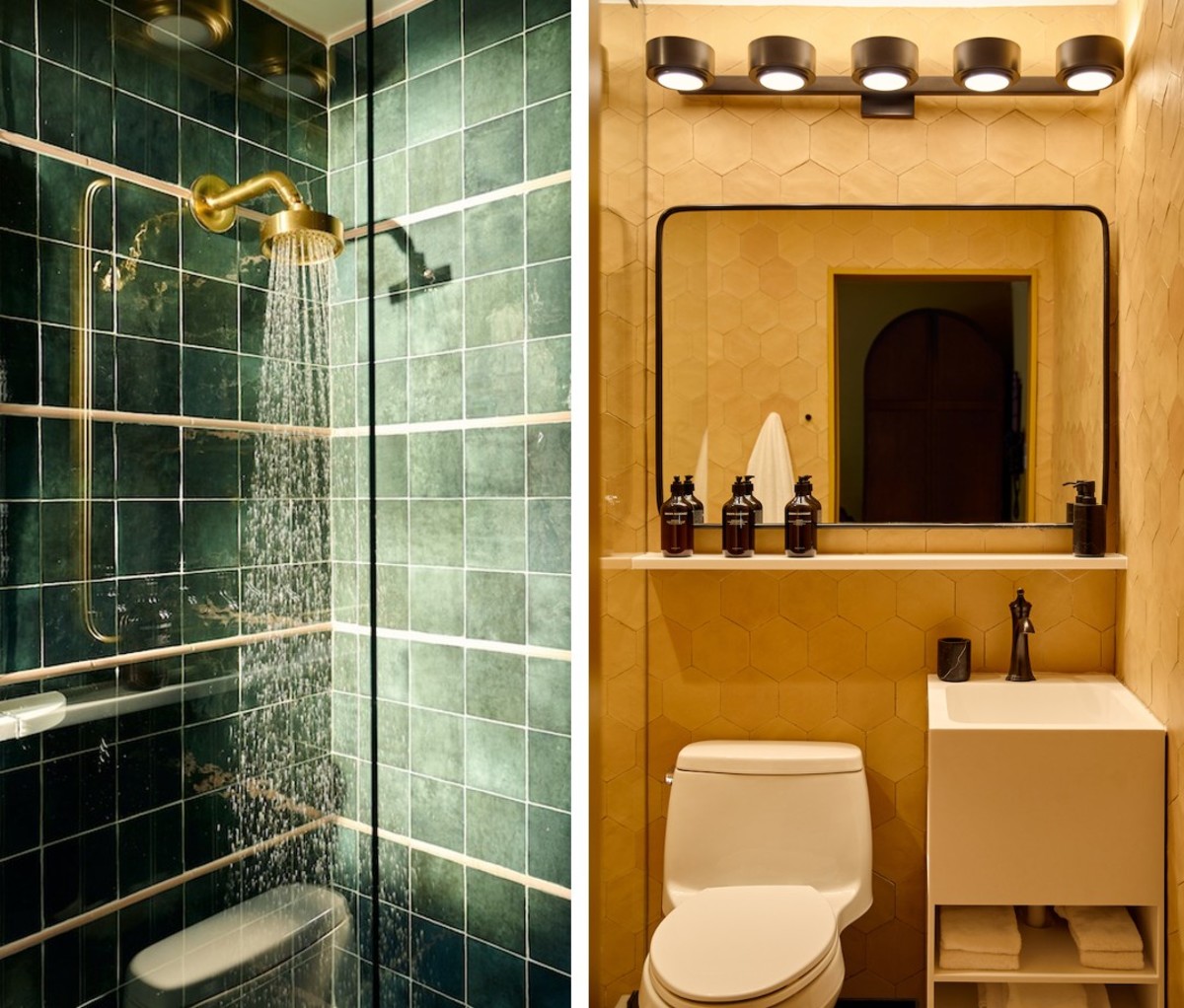 Green tiled shower and yellow tiled bathroom
