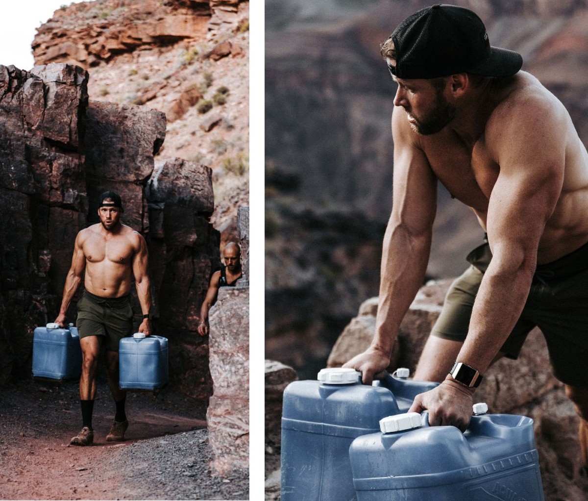 Man carrying blue jugs of water up Grand Canyon