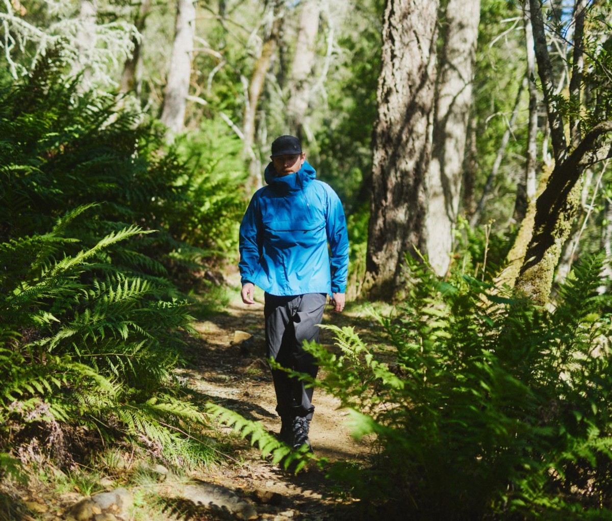Man in blue jacket walking through forest