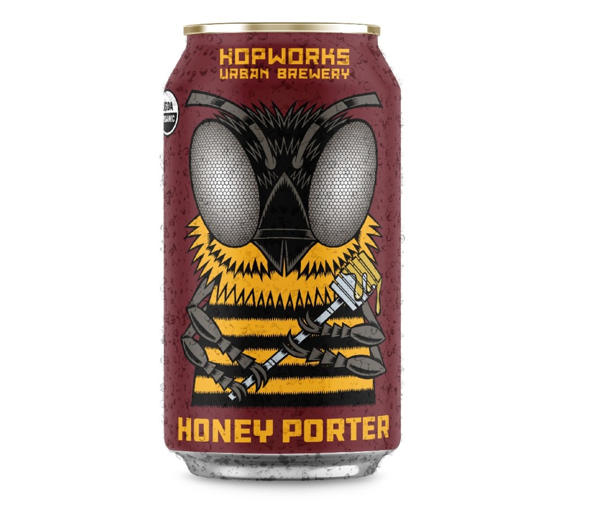 12 oz can of eestly Organic Honey Porter from Hopworks Urban Brewery