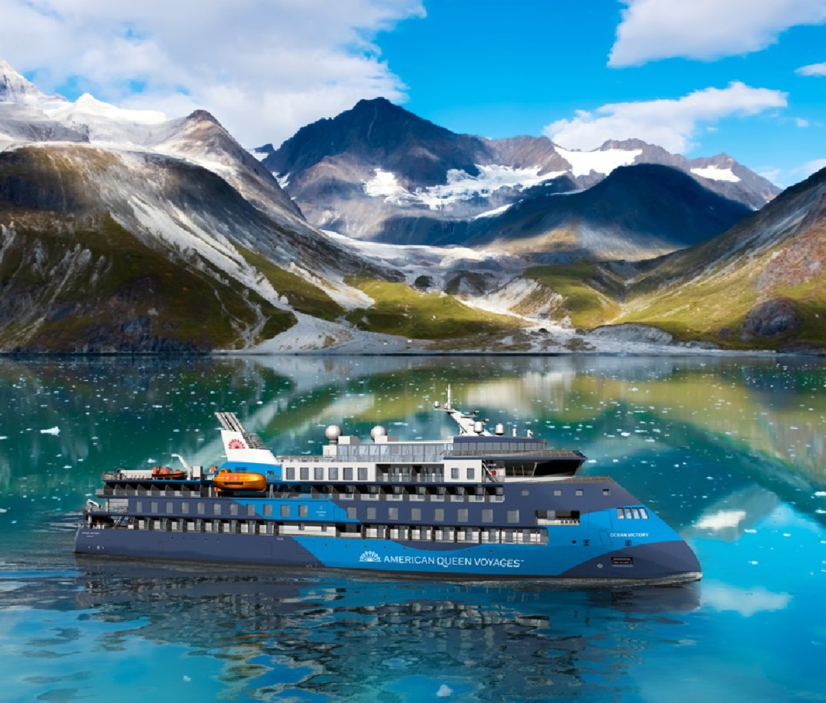American Queen Voyages cruise ship glides through a glassy glacier-lined inlet in Alaska