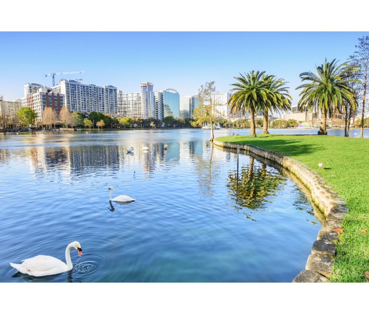 Scenic lakeside view of Lake Eola Park in Orlando, Florida