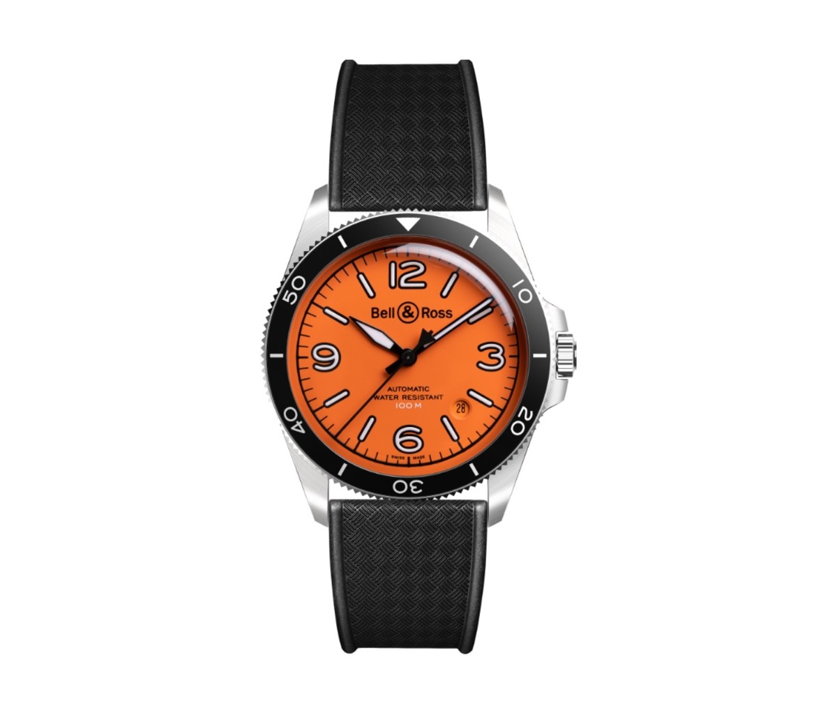 Bell & Ross BR V2-92 Orange watch with a black strap on a white background