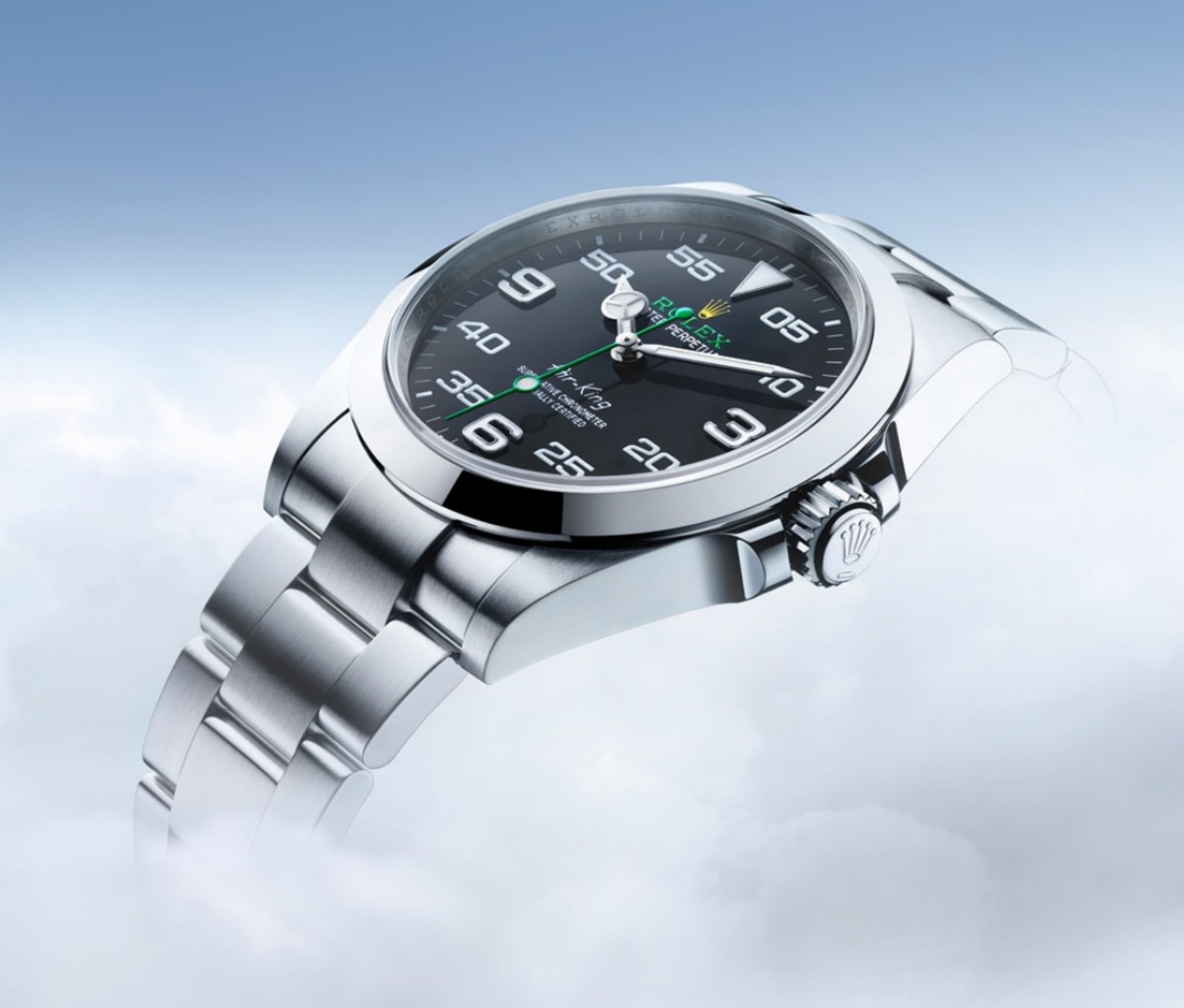 Watch of the Week: Rolex Air-King watch floating above clouds with a blue background