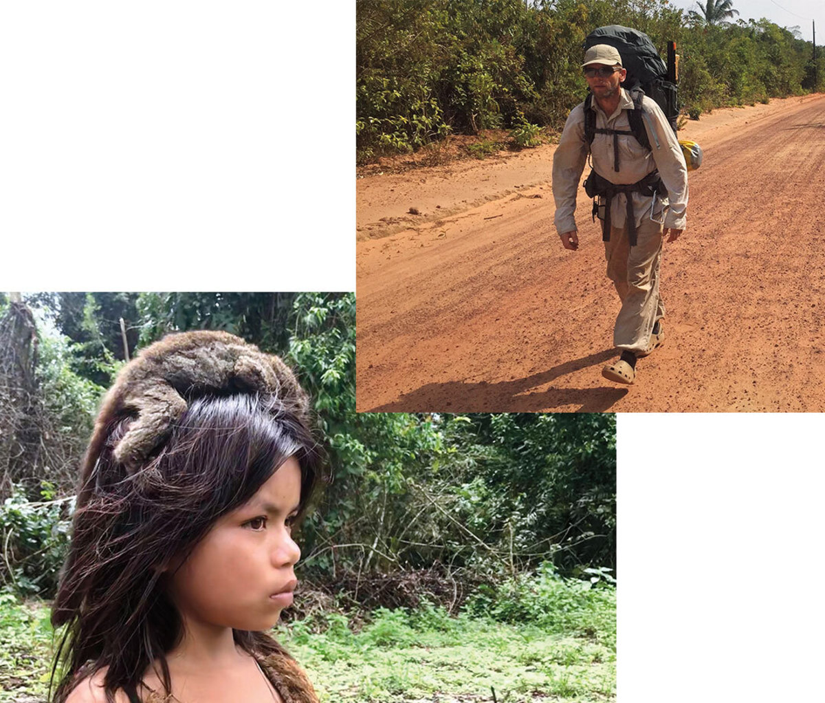 Indigenous child with pet monkey asleep on her head and photo of man walking on dirt path