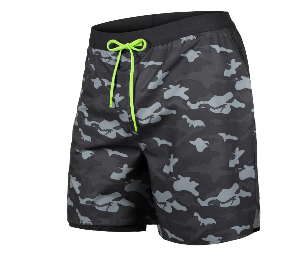 Black and gray camo short with neon green drawstring