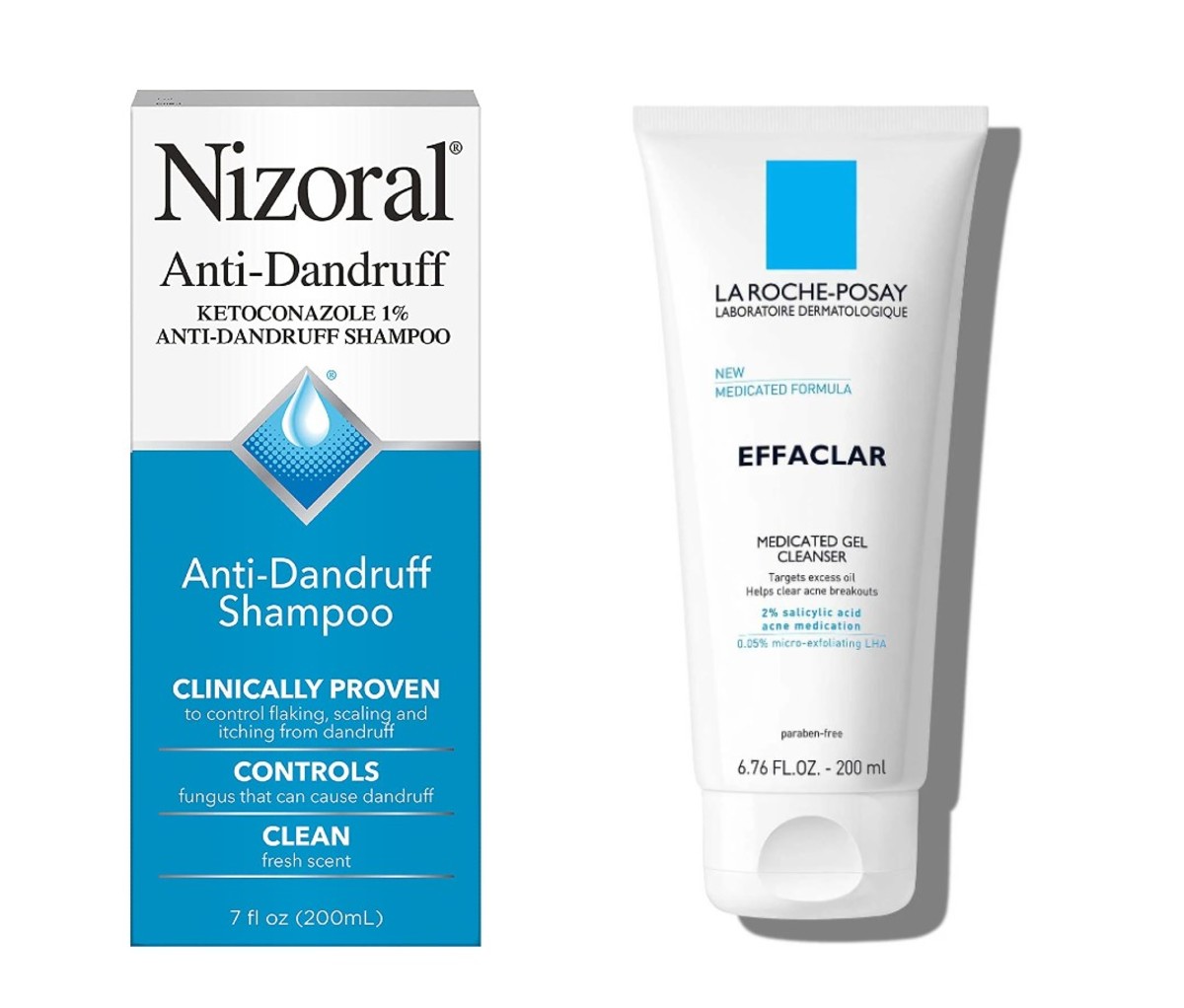 Nizoral Anti-Dandruff Shampoo with Ketoconaole and La Roche-Posay Effaclar Facial Cleanser with Salicylic Acid.