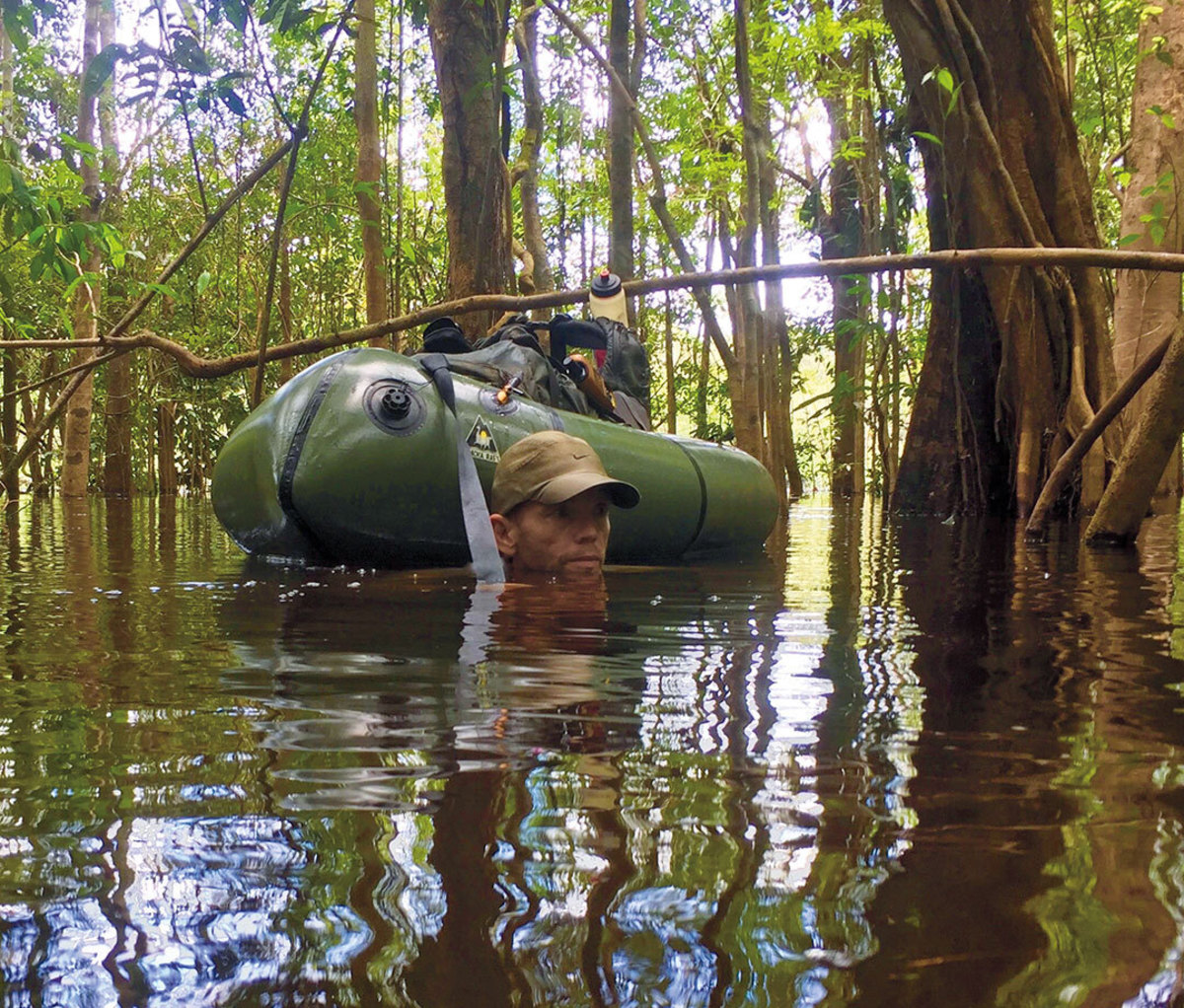Wading through river