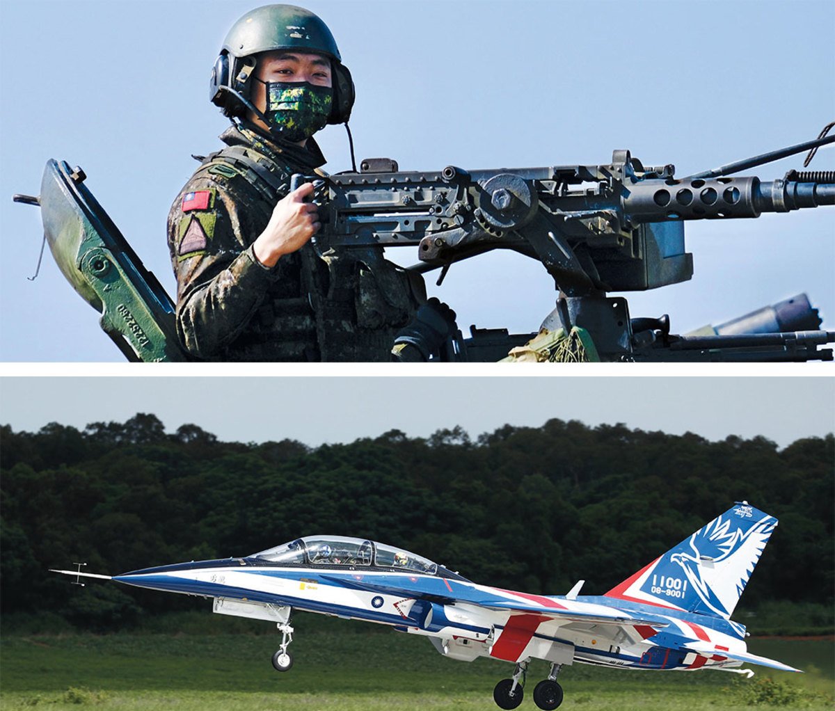 Gunner with rifle and fighter trainer jet