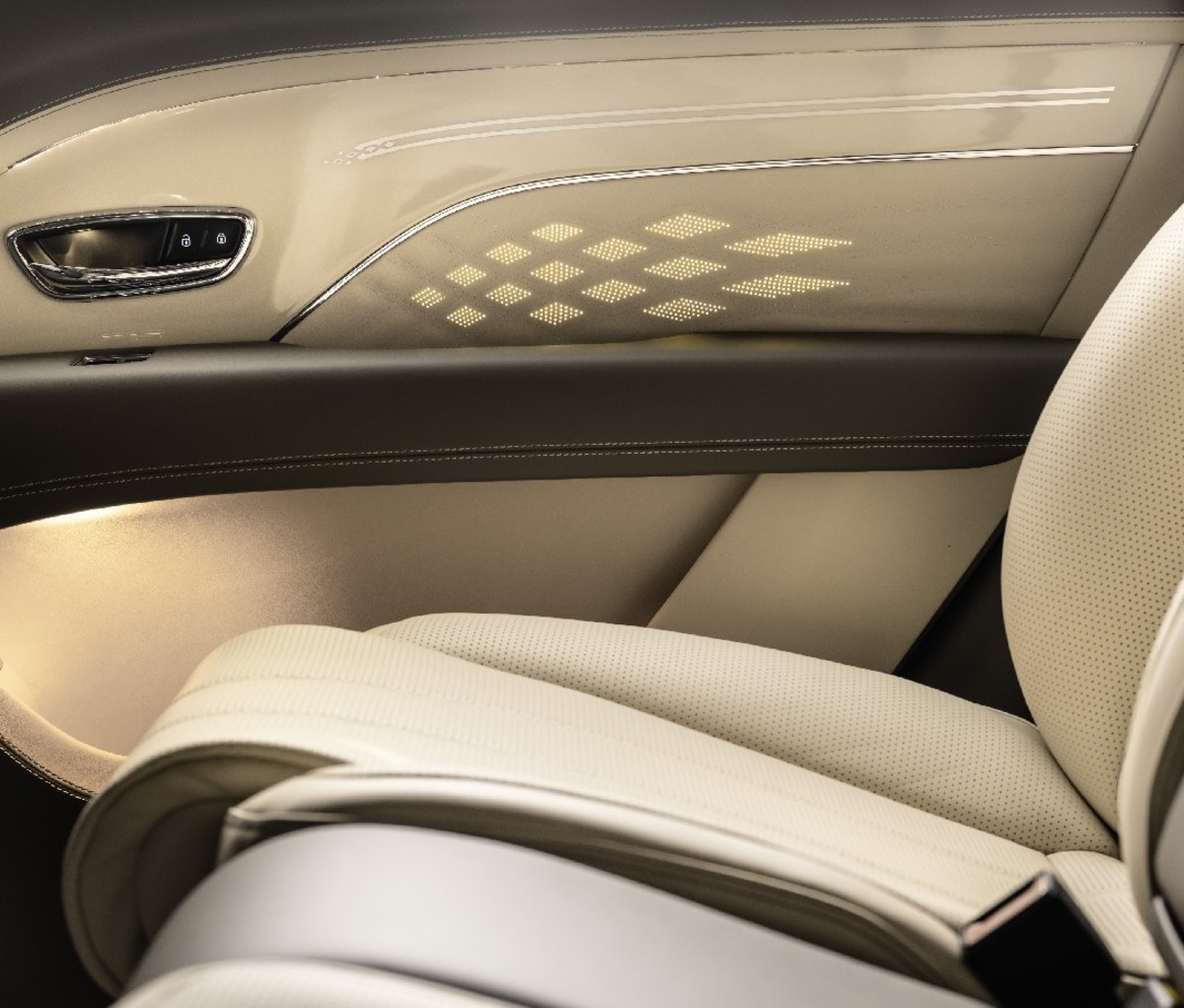 closeup of rear interior doorside lighting of 2023 Bentley Bentayga Extended Wheelbase