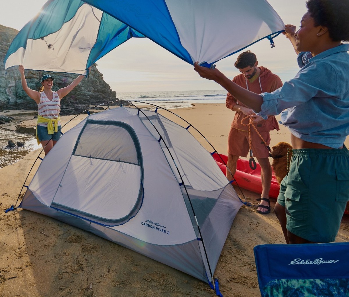 Campers set up camp along the coast