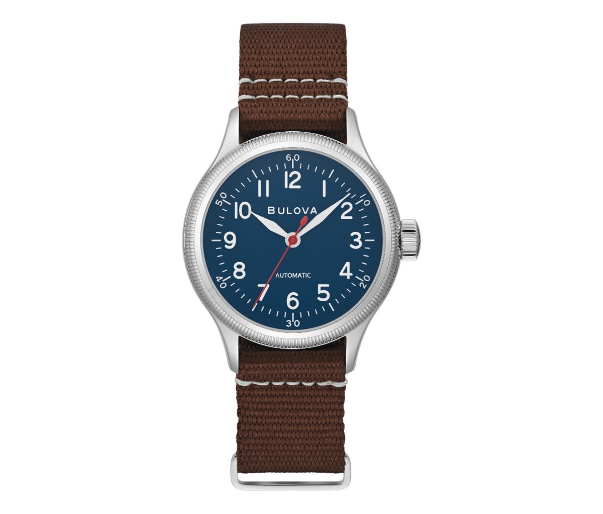 Bulova A-11 Hack Watch with a brown strap and a blue dial on a white background.