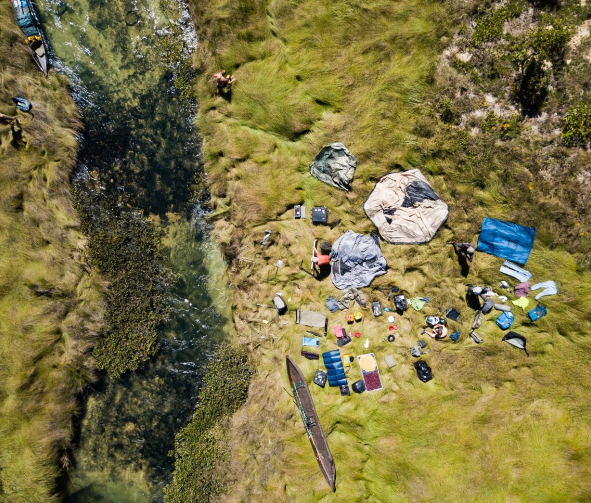 A view of a river expedition from above.