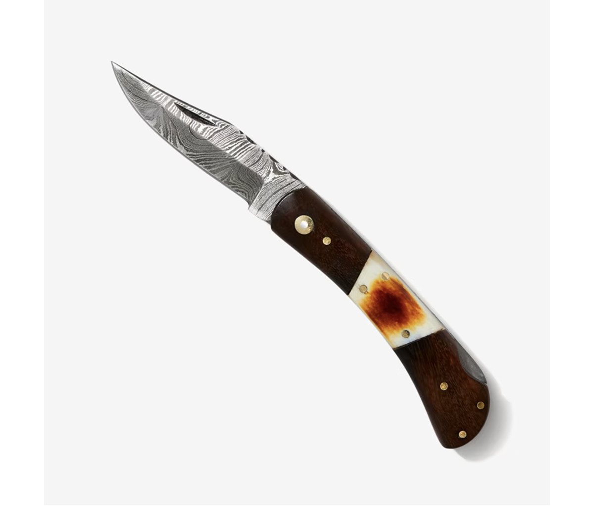 Walnut & Torched Bone Damascus Pocket Knife