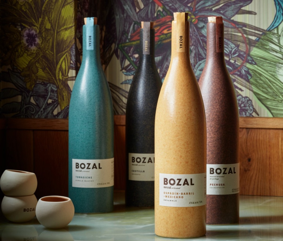 Colorful ceramic bottles of Bozal mezcal