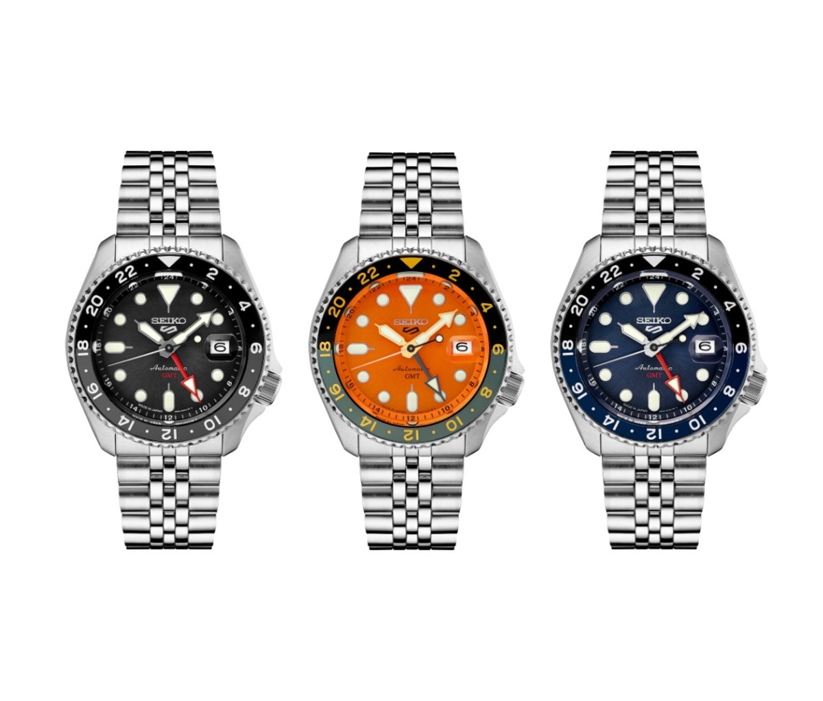 Three Seiko 5 Sports GMT watches on a white background